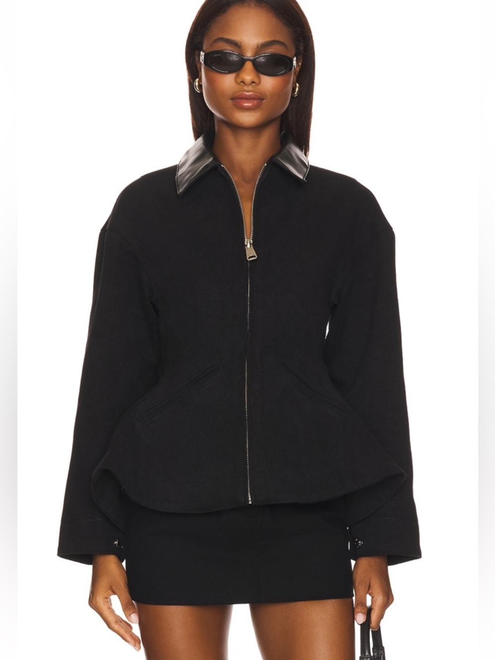 Line & Dot Black Zip-Front Bomber Jacket with Leather Collar + Skirt Set